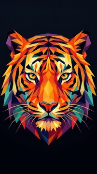 Colorful geometric tiger face illustration featuring mosaic patterns on a dark background abstract animal polygon art tiger head