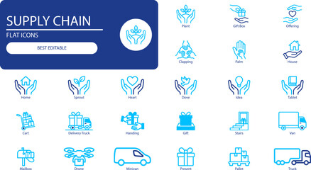 Obraz premium Delivery logistics icons set. Black silhouette vector collection of hands, packages, trucks and drones for shipping and ecommerce design