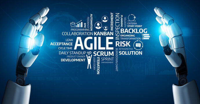 A modern representation of agile methodologies showcasing robot hands presenting key terms like Scrum, Kanban, and risk, emphasizing innovation in project management. Tessel