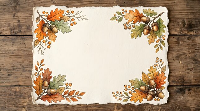 Autumn frame with handdrawn oak leaves, acorns, and berries on textured paper over a rustic wooden background
