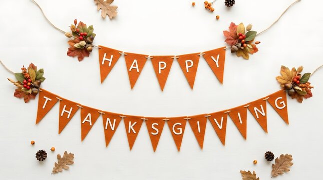 Happy thanksgiving felt banner bunting with autumn leaves and pinecones isolated on white background