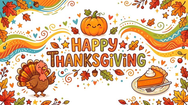 Happy thanksgiving illustration with cute turkey, pumpkin, and pumpkin pie
