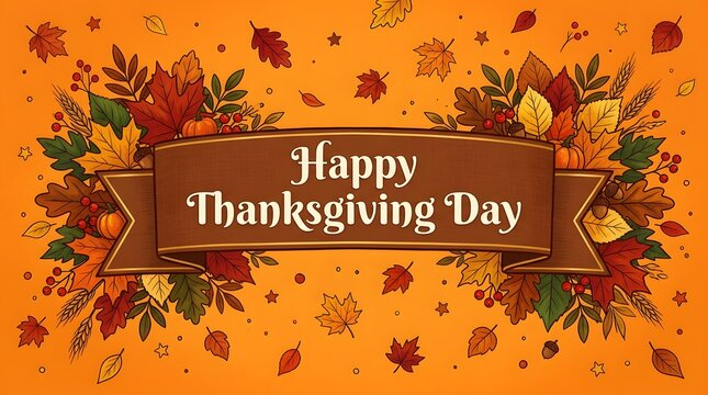 Happy thanksgiving day banner with autumn leaves and pumpkins on orange background