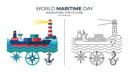 Fototapeta premium World Maritime Day Illustration: Cargo Ship, Lighthouse, Compass, Anchor