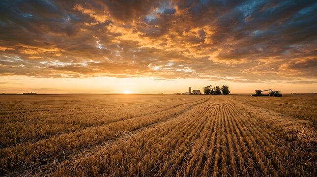 Scenic view of a harvested wheat field at sunset with a farm house and tractor in the distance under a dramatic cloudy sky