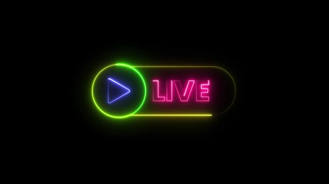 Neon play button and LIVE text in green pink and yellow on black live sign 4k video.