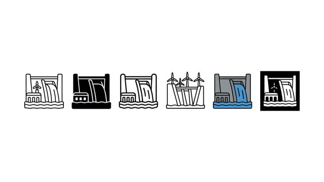 Set of hydroelectric dam icons illustrating renewable energy sources in different graphic styles