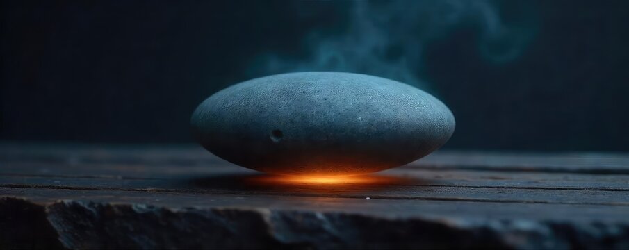A smooth, grey stone seemingly levitating above a dark, wooden surface, emitting a faint, ethereal glow Its surface is subtly textured, hinting at ancient power and hidden energy , supernatural, time