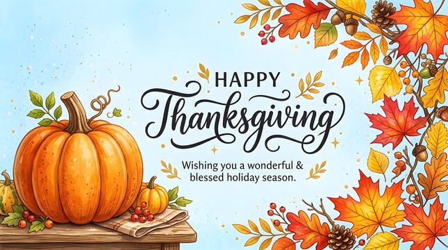 Happy thanksgiving greeting card with pumpkins, autumn leaves, and berries on a wooden table, light blue background