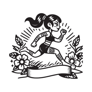 Traditional Tattoo Style Illustration of a Cartoon Woman Running