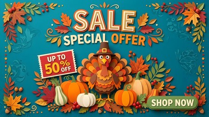 Naklejka premium Thanksgiving sale special offer banner with paper craft style turkey, pumpkins, and autumn leaves on a teal background