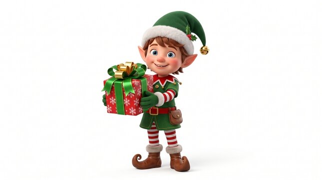 Cheerful Elf Character Holding Colorful Christmas Gift Box