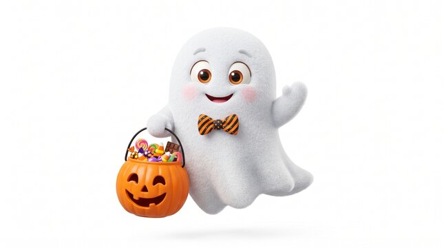 Cute Cartoon Ghost Holding Halloween Trick or treat Bucket with Candy