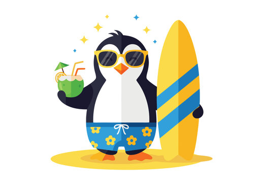 A cheerful penguin enjoying a summer surf vacation at the beach with a tropical coconut drink in a flat vector illustration design