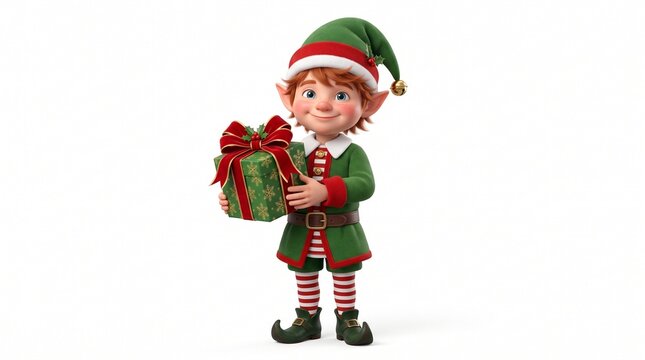 Cheerful Elf Character Holding Decorated Holiday Gift Box
