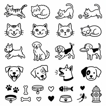 Cute Cat and Dog Line Art Icons Set Featuring Playful Pets, Faces, Paws and Pet Accessories