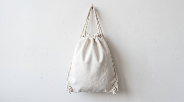 Plain cream drawstring backpack mockup hanging against a bright wall, ideal for custom branding concept