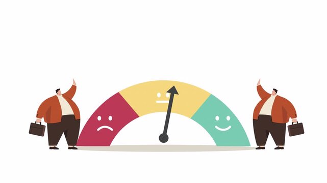 Animated business performance gauge with fluctuating emotional feedback meter and corporate figures