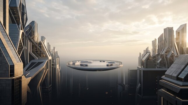 Futuristic cityscape featuring organic structures integrating with a sleek levitating disc platform amidst advanced architectural sky towers