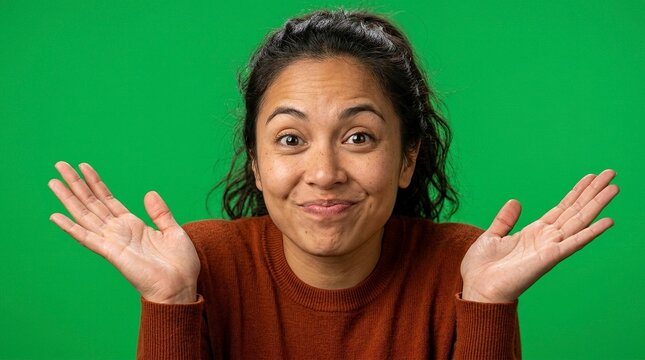 Portrait of Playful Young Woman Shrugging Shoulders with I Don't Know Gesture on Green Screen Background