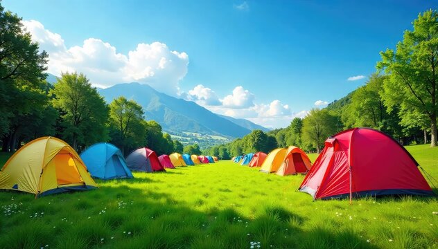 A vibrant array of camping tents pitched on a lush green meadow under a clear blue sky Perfect for outdoor adventure and travel brochures , nylon, tents