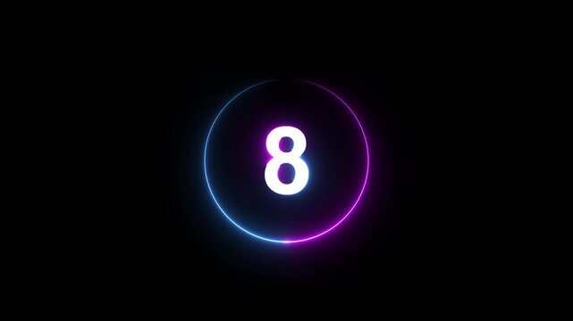 A dynamic circular animation, and glowing count neon number 8 animation . on a black background. and creating a stunning 4k video.
