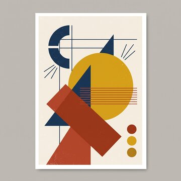 Bauhaus style geometric poster, abstract mid-century modern wall art, minimalist composition with circles and triangles, retro graphic print