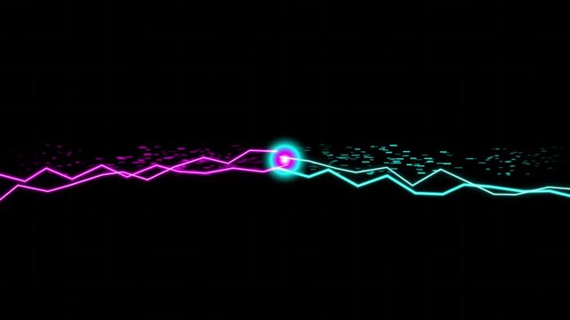 Neon lightning bolts clash with central glowing sphere against dark backdrop featuring vibrant purple and cyan electric energy pulses in continuous motion loop clip.