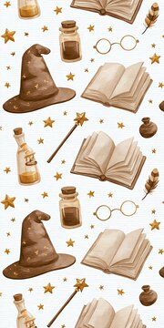 Whimsical magic objects pattern with watercolor wizard hats, spell books, and stars
