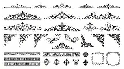 Vintage ornamental dividers and corners set, black filigree floral borders, elegant victorian decorative elements for wedding invitations © Ghulam
