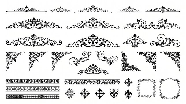 Vintage ornamental dividers and corners set, black filigree floral borders, elegant victorian decorative elements for wedding invitations