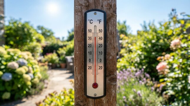 Outdoor thermometer showing warm temperature in garden