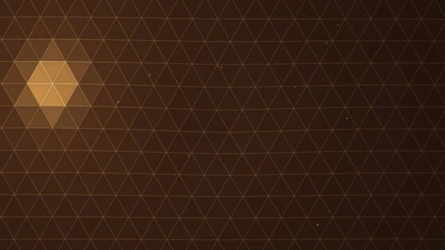 Abstract gold triangle grid motion background featuring pulsating light pulses moving across geometric surface pattern for modern digital broadcast screen graphic.