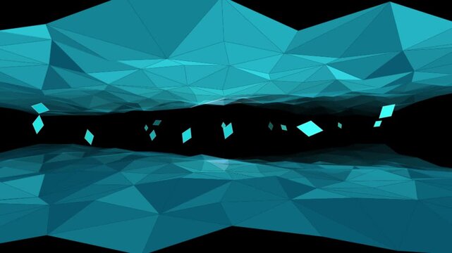 Abstract background featuring undulating geometric surfaces floating in darkness with small bright teal shapes moving across screen for modern digital art projects.