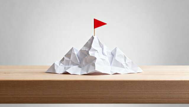 Crumpled paper mountain with red flag symbolizing achievement and goal setting