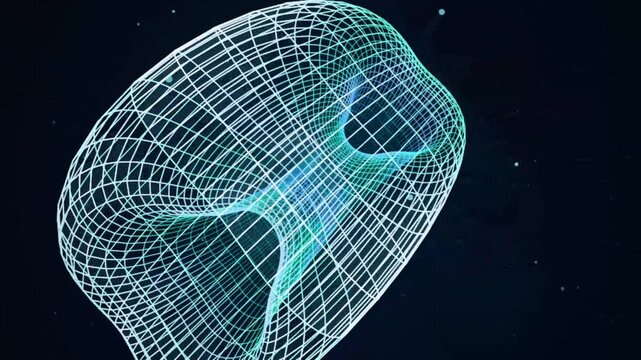 Abstract wireframe torus shape rotating in dark space 3d digital geometric structure animated motion graphic background for scientific technology visualizations.