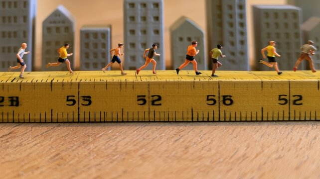 Macro photo of a measuring tape stretched across a desk with tiny runners racing on a yellow tape beside toy houses forming a city street