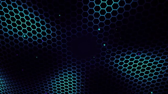 Neon blue hexagonal grid background with floating particles moving across a dark digital surface creating a modern abstract motion loop for high tech presentations.