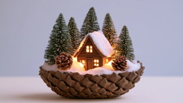 Miniature cozy winter cabin diorama inside a hollow pinecone