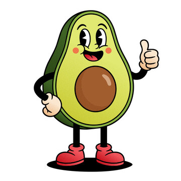 Happy Cartoon Avocado Character Giving Thumbs Up Cute Retro Food Mascot Illustration