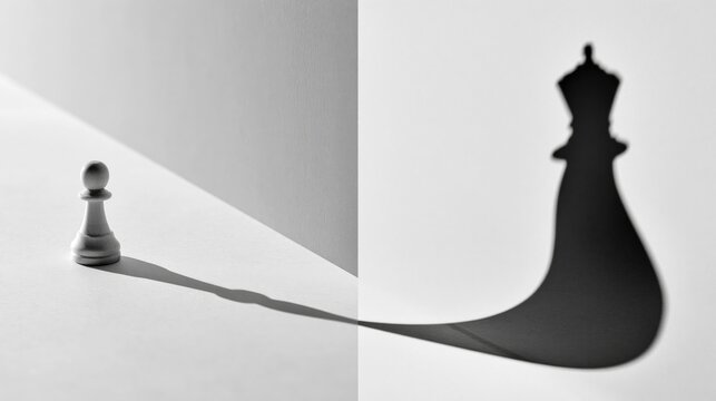 Growth: Small Pawn Casting a Giant Queen Shadow Representing Ambition and Career Development