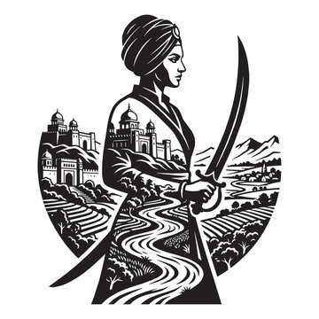 Artistic silhouette fusion of a Sikh warrior woman holding a sword with a composite landscape overlay of an ancient fort and river