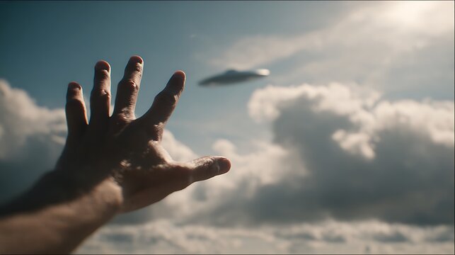 Human Hand Reaching Toward UFO In Sky &ndash; Mysterious Alien Encounter Concept With Sunlight And Clouds