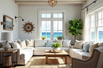 Fototapeta premium Sun-drenched coastal living room with nautical decor, featuring a ship's wheel, rope accents, and driftwood Perfect for evoking a relaxed seaside atmosphere , coastal living, beach style