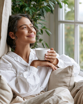 Soft light bathes a smiling woman in a cozy room. She holds a warm cup, eyes closed, lost in quiet joy. Linen curtains frame a window, green plants peek through. Her comfort radiates calm, peace