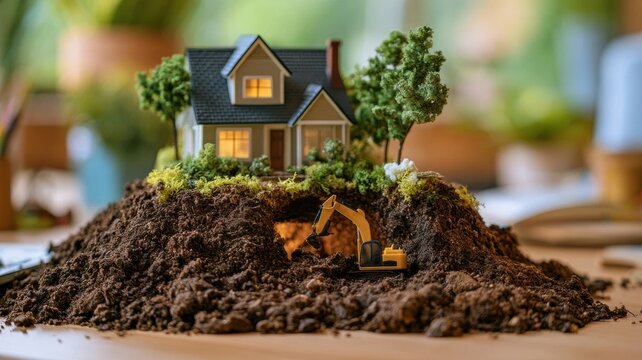Hyper detailed miniature diorama of an underground wine cellar beneath a small luxury model home set on real soil