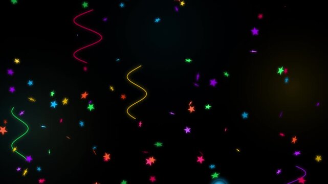 Colorful stars and festive ribbons falling slowly against dark background perfect for celebratory motion graphics background animation projects for party themes.