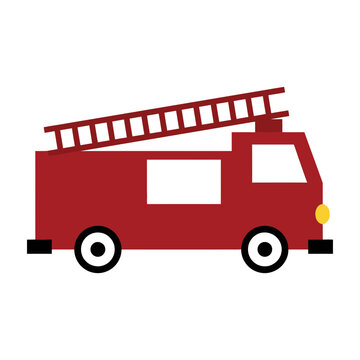 Red fire truck with ladder on top side view
