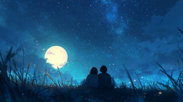 Couple Sitting Under Starry Night Sky With Full Moon &ndash; Romantic Silhouette Concept Of Love And Companionship
