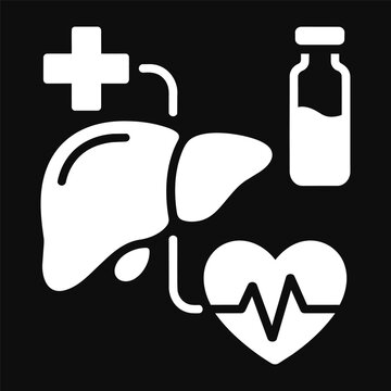 Medical liver and heart health care diagnosis vector icon on dark background